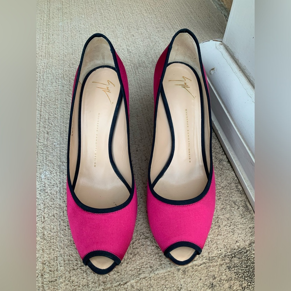 GIUSEPPE ZANOTTI Pink Black Satin Women's Peep Toe Pumps Heels Size 10 - Picture 2 of 15